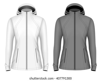 Softshell hooded jacket for lady. Fully editable handmade mesh. Vector illustration.
