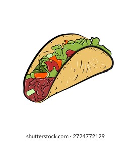 A soft-shell taco filled with meat, lettuce, and tomatoes.