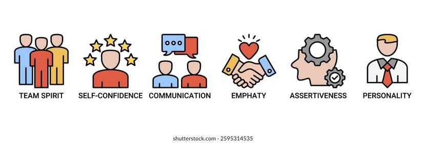 Soft-skills icon set. Vector illustration concept with icon of team spirit, self-confidence, communication, empathy, assertiveness, and personality icons. Outline color vector symbol background.