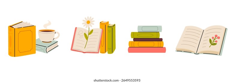 Soft-toned book arrangement with coffee, flowers, and opened journals