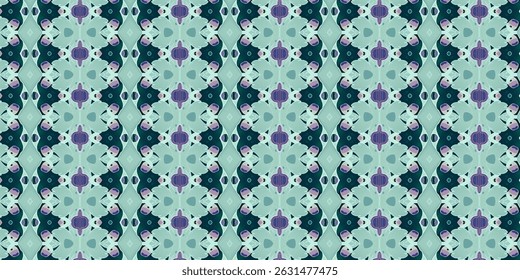 Padrão uniforme de tons suaves com formas abstratas simétricas em azul-petróleo, alfazema e violeta.