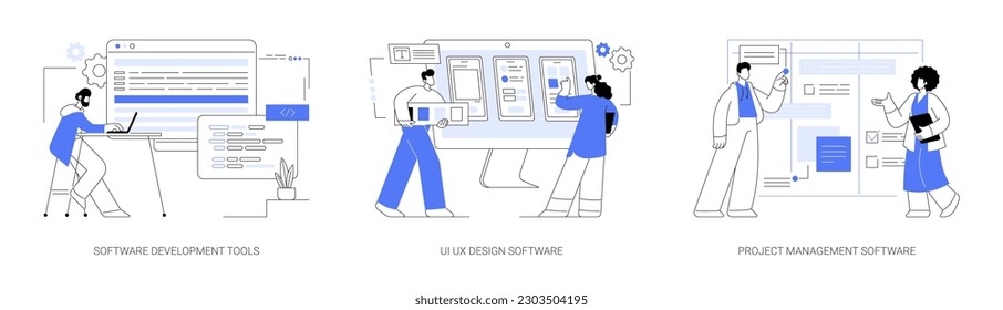 IT-Software abstraktes Konzept, Vektorgrafik-Set. Software-Entwicklungstools, Programmierung und Programmierung, UI UX Design-Erstellung, professioneller Projektmanager, der an einer abstrakten Timeline-Metapher arbeitet.