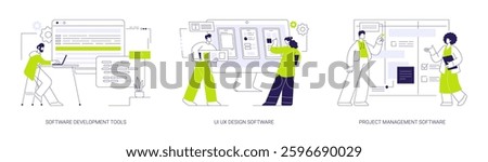 IT software abstract concept vector illustration set. Software development tools, programming and coding, UI UX design creation, professional project manager working on timeline abstract metaphor.