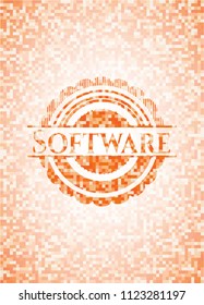 Software abstract emblem, orange mosaic background