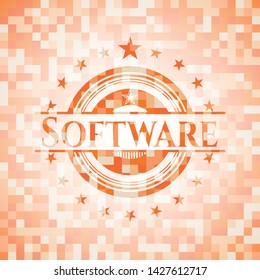 Software abstract emblem, orange mosaic background