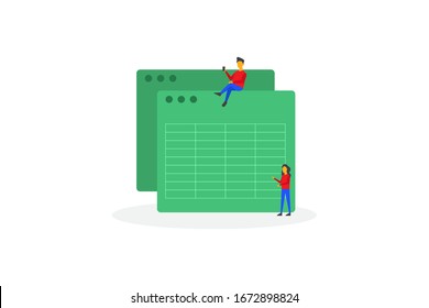 Software for accounting with sheet, formula, calculators. organizing accounting, financial, banking illustration concept for web landing page template, banner, and presentation