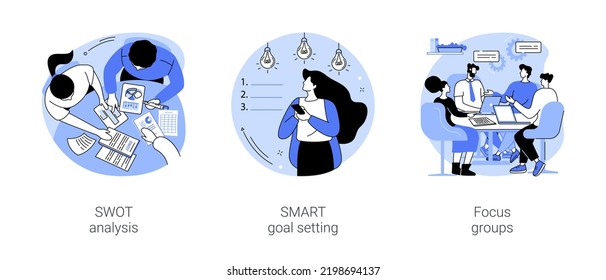 Análisis de software conjunto de ilustraciones de vectores de dibujos animados aislados. Análisis SWOT, técnica de planificación estratégica, configuración de objetivos SMART, grupo de foco de diversas personas discuten sobre la nueva caricatura de vectores de software.