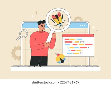 Concepto de prototipado y prueba de API de software. Desarrollo de aplicaciones, codificación y búsqueda de fallos. Ilustración vectorial de color dibujada a mano aislada en el fondo de la luz, estilo moderno de dibujos animados planos.