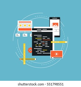 Software API prototyping and testing for smartphone flat vector illustration design. Smartphone user interface building process, API coding for phone concept