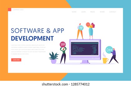 Software App Development Technology Agency Landing Page. Monitor on Office Desk. Proffesional Teamwork Mobile Application Freelance Solution Concept for Website or Banner Flat Vector Illustration