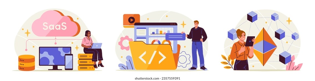 Software and app service set. Characters programming and data analysis with saas technologies, packaged and licensing. Employees work with gadgets. Cartoon flat vector isolated on white background