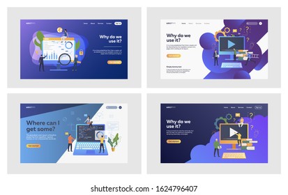 Software and app set. People using computers, writing code, watching online seminar. Flat vector illustrations. Education, programming, analysis concept for banner, website design or landing web page