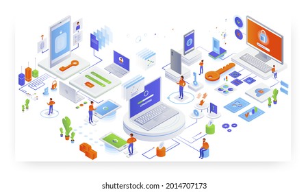 Software, actualización de aplicaciones. Actualización del sistema operativo. Corrección de errores, cambios de versión de software, ilustración isométrica vectorial.