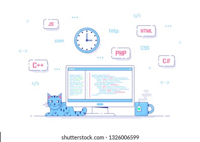 Software and application development concept banner. Computer with code on its screen and programming languages around. Flat style line art illustration.