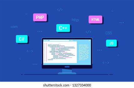 Software and application development concept banner. Computer with code on its screen and programming languages around. Flat style illustration.