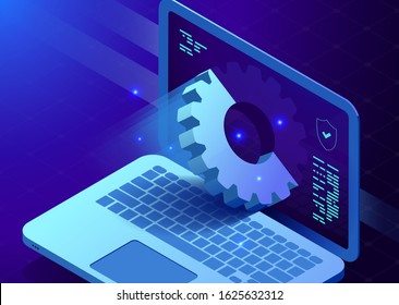 Software application development concept, laptop with big gear, stick out of the screen, programming. Laptop setting and function, flat isometric vector illustration