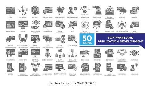 Software and application development solid icon set collection. This set includes coding, secure data, programming, algorithm and more icons in solid style. Vector icons collection for infographics