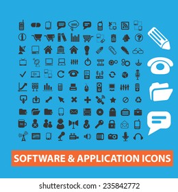 software, application, mobile, interface black, white icons, signs set, vector