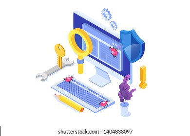 Software or application testing  isometric vector concept.  Debugging development process. Vector illustration.