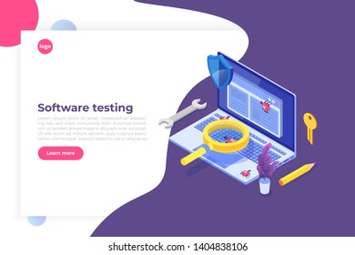 Software or application testing  isometric vector concept.  Debugging development process. Vector illustration.