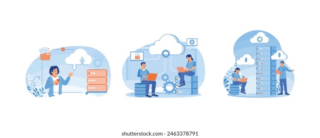 Software applications. People processing data on the laptop. Storing data on a laptop connected to the server. Could Computing concept. Set flat vector illustration.