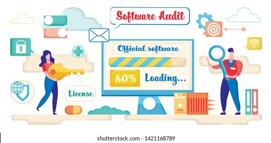 Software Audit Cartoon Flat Banner Vector Illustration. Official Software Loading. Woman Holding Key License. Man Holding Magnifying Glass to Check or Analyse Programme. Security. Computer Screen.