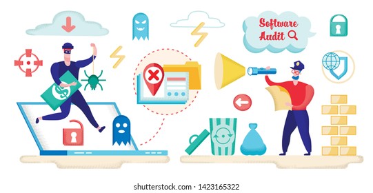 Software Audit Cartoon Flat Banner Vector Illustration. Policemen Checking Programme Security. File is Damaged or Attacked by Viruses. Male Character Holding Paper and Torch or Flashlight.