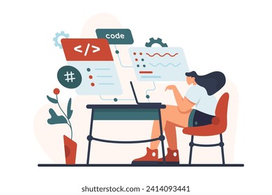 Software, backend development, work process with program code. Woman developing application system, professional female engineer and coder character working with laptop cartoon vector illustration