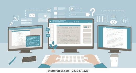 Software, desarrollo de backend, proceso de trabajo con código de programa. Programador que desarrolla el sistema de aplicación, el ingeniero profesional y el carácter del codificador que trabajan en los multi-monitores. Ilustración vectorial plana