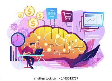 Software based assistant. Program for budget management. Artificial intelligence in financing, robo finance advisor, AI hedge funds concept. Bright vibrant violet vector isolated illustration