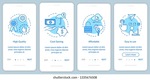 Software benefits onboarding mobile app page screen with linear concepts. Financial tools and advantages walkthrough steps graphic instructions. UX, UI, GUI vector template with illustrations