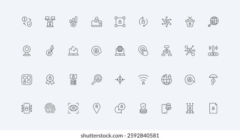 Software and biometric scanning for access to information, network privacy thin black outline symbols vector illustration. Cybersecurity and quality of digital data protection line icon set