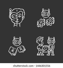 Software bot chalk icons set. Socialbot, transactional, impersonator robots. Software program. Network communication. Artificial intelligence. Cyborgs, AI. Isolated vector chalkboard illustrations