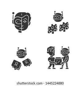 Software bot glyph icons set. Socialbot, transactional, impersonator robots. Software program. Artificial intelligence. Cyborgs, futuristic AI. Silhouette symbols. Vector isolated illustration