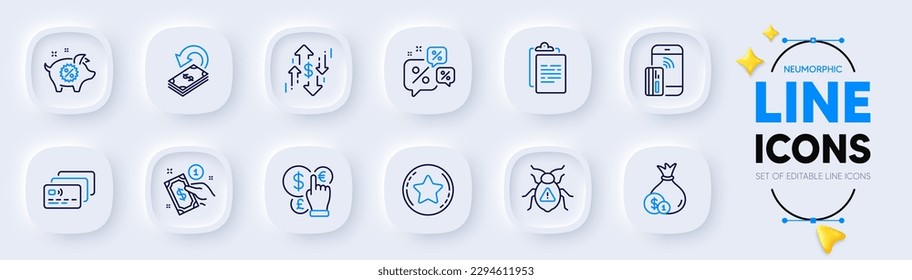 Iconos de línea de error de software, Cash y Payment para aplicación web. Charla sobre el paquete de descuentos, pago sin contacto, íconos de pictograma de venta de cerdo. Estrella de la lealtad, Tarjeta, carteles de Cashback. Portapapeles. Vector