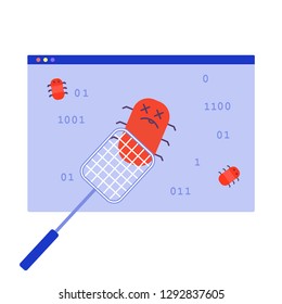 Software bug, computer bugs fixing. Clean program code. Vector concept illustration.