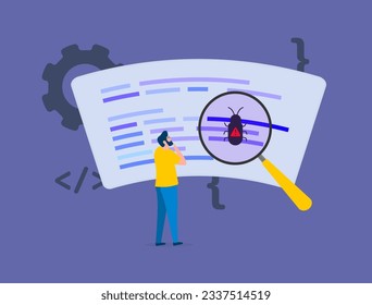 Software bug concept. Optimize and software debug code mobile app, QA software dev, test and fix code application concept. Bug detection software vector illustration