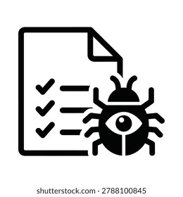 Software bug identification and document check icon with software, document