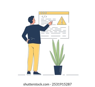 Software bug tracking. Programmer and IT specialist looks for errors in code of program or application. Programming and software development. Linear vector illustration isolated on white background