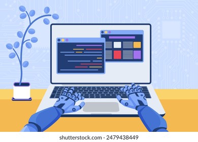 Desarrollo de software de automatización de código mediante IA, aprendizaje automático, servicio técnico y chat. Robot que codifica y se sienta en la computadora portátil, manos de bot que trabajan con ventanas de programa de Ilustración vectorial de dibujos animados