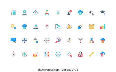 Software code development, coding, testing and bug search color icon set. program setup and programmers tool, algorithm and configure, web homepage and language flat elements vector illustration