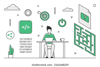 Software code development. Developers teamworking, app programming and quality assurance engineer monocolor vector illustration