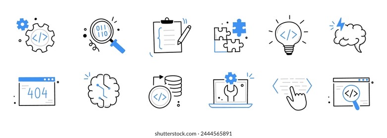 Software code icon doodle set. Hand drawn line sketch software coding doodle. Computer program build technology, data operate, application product test icon. Program build vector illustration