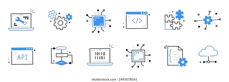 Software code icon doodle set. Hand drawn line sketch software coding doodle. Computer program build technology, data operate, application product test icon. Program build vector illustration