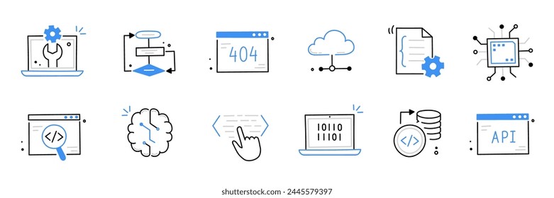 Software code icon doodle set. Hand drawn line sketch software coding doodle. Computer program build technology, data operate, application product test icon. Program build vector illustration