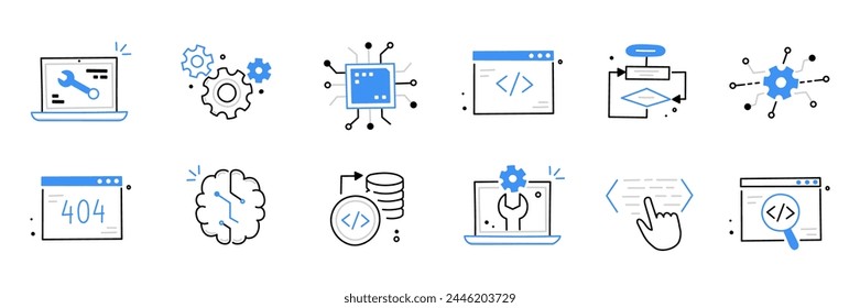 Software code icon doodle set. Hand drawn line sketch software coding doodle. Computer program build technology, data operate, application product test icon. Program build vector illustration