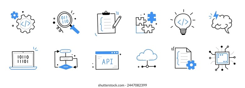 Icono de código de software doodle set. Dibujado a mano línea boceto software de codificación doodle. Tecnología de construcción de programas de computadora, operación de datos, icono de prueba de producto de aplicación. Ilustración vectorial de compilación de programas