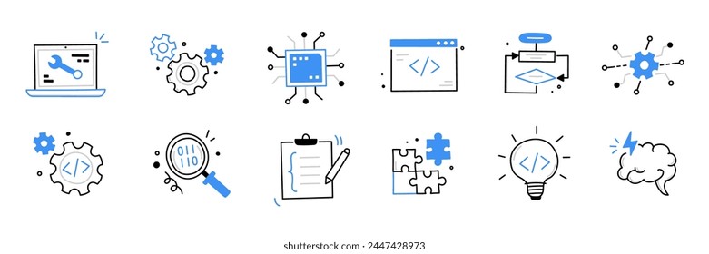 Software code icon doodle set. Hand drawn line sketch software coding doodle. Computer program build technology, data operate, application product test icon. Program build vector illustration