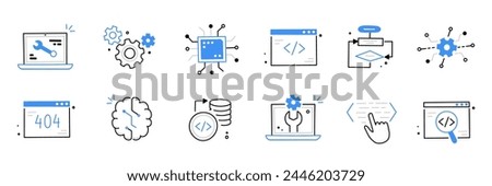 Software code icon doodle set. Hand drawn line sketch software coding doodle. Computer program build technology, data operate, application product test icon. Program build vector illustration