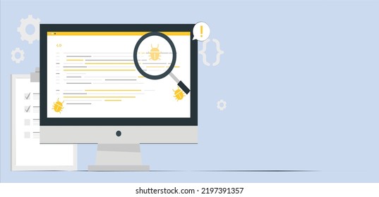 Software code testing on pc in search of bugs. Quality Assurance, debugging, development, coding, automated and manual testing concept. Code testing technology, web programming application development